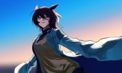  1girl agnes_tachyon_(tach-nology)_(umamusume) agnes_tachyon_(umamusume) animal_ears backlighting bandolier belt blue_necktie blue_shirt brown_hair coat collared_shirt commentary dawn dutch_angle duyu_(guliguli_056) grin hair_between_eyes highres horse_ears horse_girl lab_coat looking_at_viewer looking_down medium_hair necktie open_clothes open_coat open_mouth outstretched_arms red_eyes shirt short_necktie smile solo spread_arms sweatdrop sweater_vest teeth test_tube umamusume untranslatable_commentary upper_body white_coat wolf_cut yellow_sweater_vest 