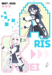  2girls absurdres aris_(blue_archive) black_hair black_skirt black_thighhighs blue_archive blue_eyes blush bow coat commentary_request green_halo hair_between_eyes hair_bow hairband halo highres kei_(blue_archive) kei_(student)_(blue_archive) korean_commentary long_hair long_sleeves multiple_girls necktie open_clothes open_coat outstretched_arms pink_halo red_eyes ringed_eyes school_uniform shirt skirt supersugar thigh-highs very_long_hair white_hair white_shirt 