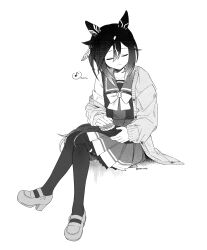  animal_ears bow brushing_tail cardigan cardigan_partially_removed closed_eyes commentary crossed_legs ear_covers feather_hair_ornament feathers greyscale hair_between_eyes hair_brush hair_ornament hand_on_own_tail highres holding_own_tail horse_ears horse_girl horse_tail horseshoe_ornament invisible_chair long_hair monochrome multicolored_hair musical_note open_cardigan open_clothes pleated_skirt pono3330 school_uniform screentones shoes sitting skirt smile spoken_musical_note stay_gold_(umamusume) streaked_hair tail thigh-highs tracen_school_uniform twitter_username umamusume untranslatable_commentary 