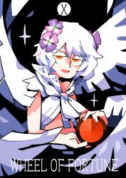  1girl angel_wings black_background card_(medium) commentary_request cropped_torso english_text flower front-tie_top hair_flower hair_ornament highres holding jitome kudou_chitose kudou_chitose_(1st_costume) looking_at_viewer medium_hair multiple_wings nijisanji nogugera open_mouth orange_eyes pink_hair roman_numeral shirt simple_background sleeveless sleeveless_shirt solo sparkle tarot tarot_(medium) virtual_youtuber wheel_of_fortune_(tarot) white_hair white_shirt white_wings wings 