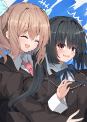  +++ 2girls :d ^^^ ^_^ absurdres black_hair blue_background blue_ribbon blush brown_eyes brown_jacket closed_eyes collared_shirt commentary_request dress_shirt eyes_visible_through_hair hair_between_eyes hair_ribbon highres honma_misuzu hug hug_from_behind jacket juliet_sleeves long_hair long_sleeves looking_at_viewer medium_hair multiple_girls neck_ribbon necktie nodoameyatou onda_nei open_mouth puffy_sleeves red_necktie ribbon sakura_no_toki sakura_no_uta school_uniform shirt sidelocks simple_background smile solo twintails upper_body very_long_hair wavy_mouth white_ribbon white_shirt 