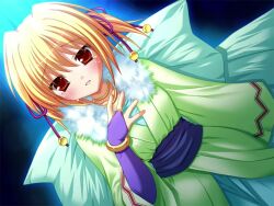  1girl aqua_bow aqua_dress back_bow blonde_hair bow bracelet brown_eyes clover_point crying dress dutch_angle elbow_gloves fur-trimmed_kimono fur_trim game_asset gloves green_kimono hair_bow hand_on_own_chest japanese_clothes jewelry kimono necklace non-web_source official_art short_hair short_twintails spotlight takanashi_yaya twintails wide_sleeves yuyi 