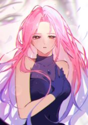  2girls alien_stage bare_shoulders black_gloves breasts dress gloves hand_on_own_chest highres long_hair mizi_(alien_stage) multiple_girls parted_lips pink_hair purple_hair sajang288 sleeveless sleeveless_dress solo_focus sua_(alien_stage) very_long_hair violet_eyes yellow_eyes 