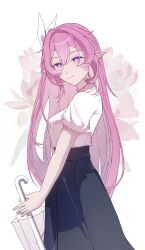  1girl alternate_costume blue_skirt breasts diamond-shaped_pupils diamond_(shape) elf elysia_(honkai_impact) floral_background hair_ornament highres holding holding_umbrella honkai_(series) honkai_impact_3rd long_hair long_skirt looking_at_viewer medium_breasts multicolored_hair pink_hair pointy_ears shirt skirt smile solo symbol-shaped_pupils two-tone_hair umbrella very_long_hair violet_eyes white_hair white_shirt yu_chen 