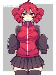  ahoge alternate_costume artist_name black_jacket black_skirt black_sleeves black_thighhighs blush border breasts commentary_request cowboy_shot drill_hair grey_background hair_between_eyes highres jacket kasane_teto looking_at_viewer multicolored_jacket pleated_skirt pppp_0831 red_hair red_jacket red_trim skirt small_breasts thigh-highs twin_drills two-tone_jacket utau white_border white_trim zettai_ryouiki 