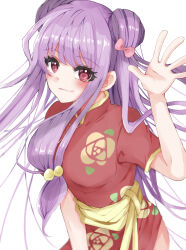  1girl blush bow commentary_request double_bun dress floral_print hair_bow hair_bun highres long_hair pink_bow purple_hair ranma_1/2 red_dress shampoo_(ranma_1/2) shibsaki_natu sidelocks simple_background smile violet_eyes waving white_background 