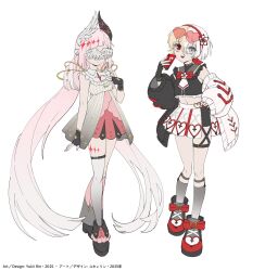  2girls :d alternate_costume arcaea asymmetrical_sleeves bare_shoulders bib_collar black_gloves black_shoes black_shorts blonde_hair bow bowtie crop_top dress fingerless_gloves flower footwear_bow full_body gloves gradient_hair hair_between_eyes hair_flower hair_ornament hairband head_wings heart heart-shaped_eyewear heterochromia highres horns long_hair midriff multicolored_hair multiple_girls nail_polish necktie original pink_hair puffy_sleeves red_bow red_bowtie red_eyes red_hairband red_nails shoes short_hair shorts showgirl_skirt simple_background single_horn single_thighhigh skirt sleeveless sleeveless_dress smile standing thigh-highs thigh_strap two-tone_hair very_long_hair vita_(arcaea) vita_(wanderer)_(arcaea) white_background white_dress white_eyes white_hair white_necktie white_skirt wings yukii_rin222 