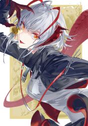  1girl antenna_hair apple arknights black_jacket black_skirt breasts buckle commentary cosplay cropped_jacket demon_girl demon_horns dungeon_meshi eyeliner falin_touden falin_touden_(chimera) falin_touden_(chimera)_(cosplay) food from_side fruit golden_apple grey_hair grey_shirt highres horns jacket looking_at_viewer makeup medium_breasts medium_hair monsterification multicolored_hair open_mouth orange_eyes outside_border red_eyeliner red_horns red_streaks red_tail ruint shirt simple_background skirt slit_pupils snap-fit_buckle solo streaked_hair talons upper_body w_(arknights) 