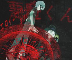  1990s_(style) 2boys absurdres akuma-kun anime_coloring bags_under_eyes black_cape black_hat black_shirt cape closed_mouth constricted_pupils contrast cowlick dot_pupils double-parted_bangs faux_retro_artstyle film_grain from_below frown grey_hair grey_pants hair_between_eyes hat highres holding magic_circle male_focus medium_hair mephisto_iii multiple_boys pale_skin pants red_cape red_shirt retro_artstyle shirt short_sleeves sorkgmrdraw striped_clothes striped_shirt t-shirt top_hat translation_request two-sided_cape two-sided_fabric two-tone_cape two-tone_shirt umoregi_ichirou 