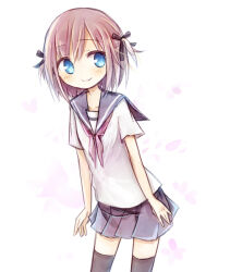  1girl amakaze_sora black_bow black_thighhighs blush bow brown_hair closed_mouth grey_sailor_collar grey_skirt hair_bow neckerchief original petals pink_neckerchief pleated_skirt sailor_collar school_uniform serafuku shirt short_sleeves skirt smile solo thigh-highs two_side_up white_background white_shirt 