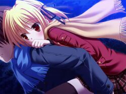  1girl black_thighhighs blonde_hair blue_coat blue_scarf bow brown_hair brown_scarf brown_skirt buttons carrying clover_point coat dutch_angle faceless faceless_male game_asset grabbing_another's_arm hair_bow jacket long_scarf looking_at_another miniskirt night non-web_source official_art outdoors piggyback plaid_clothes plaid_skirt pleated_skirt red_eyes red_jacket scarf short_twintails skirt standing takanashi_yaya thigh-highs twintails yuyi 