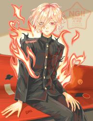  1boy bench black_jacket black_pants bright_pupils character_sticker commentary_request eyes_visible_through_hair fire gakuran glowing_veins grey_eyes grey_hair hair_over_one_eye heterochromia highres jacket kuchi_go_(rogopan) male_focus on_bench pants red_eyes red_theme school_uniform shion_(hundred_line) short_hair sirei_(hundred_line) sitting sticker sweatdrop the_hundred_line_-last_defense_academy- twitter_username watermark white_hair white_pupils 