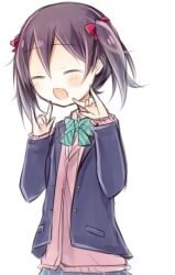  1girl :d \m/ ^_^ amakaze_sora black_hair black_jacket blazer blush bow cardigan closed_eyes diagonal-striped_bow double_\m/ facing_viewer green_bow grey_skirt hair_bow hands_up jacket long_sleeves love_live! love_live!_school_idol_project open_clothes open_jacket pink_cardigan pleated_skirt red_bow shirt simple_background skirt sleeves_past_wrists smile solo striped_bow twintails white_background white_shirt yazawa_nico 