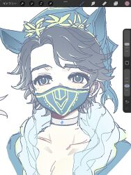  1boy aesop_carl aesop_carl_(hippocampus) art_program_in_frame black_hair blue_eyes choker earrings hair_intakes hat hat_with_ears highres id7b identity_v jewelry male_focus pectoral_cleavage pectorals portrait solo white_choker 