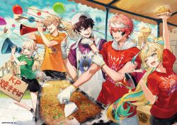  2girls 3boys :d akagi_wen apron arm_up balloon black_choker black_hair black_pants black_shorts black_socks black_streaks blonde_hair blue_eyes blue_hair character_print choker clouds cloudy_sky commentary commentary_request company_name cooking copyright_name copyright_notice day double_bun food food_stand fushimi_gaku gloves green_eyes green_shirt hair_bun hair_ornament hair_rings hairclip hat headband holding holding_food holding_megaphone holding_sign jewelry kaburaki_roco kodama_(wa-ka-me) long_hair magatama magatama_necklace megaphone multicolored_hair multiple_boys multiple_girls necklace nijisanji nijisanji_fes_t-shirt official_alternate_costume official_art one_eye_closed open_mouth outdoors pants purple_shirt red_hair red_shirt saiki_ittetsu second-party_source shirt short_hair short_sleeves shorts sign sign_around_neck sky smile socks streaked_hair sweat tachitsute_toto virtual_youtuber white_gloves white_hat wings yakisoba yellow_eyes 