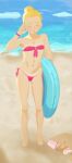  beach bikini blonde_hair breasts closed_eyes flat_chest highres moitasart original swimsuit thighs 