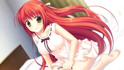  1girl ayamisiro bed_sheet bow closed_mouth collarbone curtains day dress dutch_angle frilled_skirt frills game_asset hair_bow hair_ornament long_hair looking_at_viewer nanase_hikari_(natsu_koi_high_pressure) natsu_koi_high_pressure non-web_source official_art on_bed pillow pink_dress ponytail red_hair sitting skirt sleeveless sleeveless_dress smile x_hair_ornament yokozuwari 