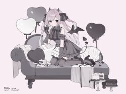  1girl absurdres arm_strap balloon bib_collar black_bow black_bowtie black_dress black_eyes black_gloves black_horns black_thighhighs black_wings bow bowtie brown_hair cake closed_mouth colored_inner_hair commentary_request couch cupcake demon_girl demon_tail demon_wings detached_wings dress food frilled_arm_strap frilled_dress frilled_gloves frills garter_straps gloves hair_bow heart heart-shaped_pillow heart_balloon high_heels highres holding holding_food horns kneeling kuroma_rei long_hair mole mole_under_eye multicolored_hair pillow sleeveless sleeveless_dress solo sweets_(vtuber_group) tail thigh-highs tokareta_tamago two-tone_hair two_side_up virtual_youtuber watermark white_hair wings 