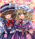  2girls :d adapted_costume black_capelet black_headwear black_skirt blonde_hair blush bow bowtie brown_eyes brown_hair buttons capelet cherry_blossoms cowboy_shot dress frilled_bow frilled_capelet frilled_hat frills hand_up hands_on_headwear hat hat_bow hat_ribbon long_sleeves looking_at_viewer maribel_hearn marker_(medium) medium_hair mob_cap multiple_girls neck_ribbon open_mouth petals purple_dress red_bow red_bowtie red_ribbon ribbon rui_(sugar3) sample_watermark shirt skirt smile spread_fingers standing touhou traditional_media usami_renko violet_eyes white_bow white_headwear white_ribbon white_shirt 