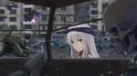  2girls bandana black_bandana blue_eyes blurry building car commentary_request depth_of_field drone expressionless girls_frontline grey_hair highres hydra_(girls&#039;_frontline) long_hair looking_at_viewer motor_vehicle multiple_girls outdoors ruins silk skeleton spider_web super_sass_(girls&#039;_frontline) upper_body viscum xm3_(girls&#039;_frontline) 