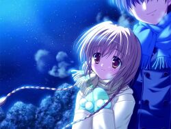  1boy 1girl aqua_gloves blue_coat blue_scarf braid breath buttons clover_point coat double-breasted faceless faceless_male forest game_asset gloves hinata_miori long_hair nature night non-web_source official_art scarf short_hair standing star_(sky) twin_braids white_coat yellow_scarf yuyi 