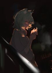  1girl absurdres animal_ears cat_ears cat_girl cigarette green_hair highres holding holding_lighter layton_(sanlayton) lighter shirt short_hair standing t-shirt yani_neko yani_neko_(yani_neko) yellow_eyes 
