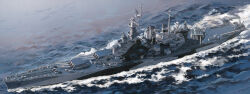  aircraft airplane anti-aircraft_gun battleship camouflage cannon commentary crane_(machine) english_commentary floatplane highres mast military_vehicle no_humans ocean original outdoors range_finder seaplane ship ship_turret smokestack uss_north_carolina_(bb-55) vehicle_focus wake_(wave) warship watercraft waves yorktown_cv-5 