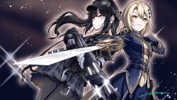  2girls aiguillette akane_(getwild23) ammunition_pouch arm_belt artist_name asymmetrical_gloves bandaged_arm bandaged_hand bandages belt black_choker black_coat black_dress black_gloves black_hair black_hat black_pantyhose black_ribbon blonde_hair choker coat collared_dress cowboy_shot curtained_hair diamond_hair_ornament dress epaulettes gloves goggles goggles_on_headwear grey_eyes gun hair_ornament hand_on_own_chest hasumi_leia hat high_collar highres holding holding_gun holding_sword holding_weapon kurobe_nanoka long_hair long_sleeves looking_at_viewer mahou_shoujo_no_majo_saiban multiple_girls neck_ribbon pantyhose plaid_clothes plaid_dress pouch ribbon sash short_hair shoulder_sash signature smile sword twintails weapon yellow_eyes 