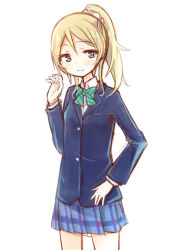  1girl amakaze_sora ayase_eli blonde_hair blue_eyes blue_jacket blue_skirt blush bow closed_mouth collared_shirt cowboy_shot diagonal-striped_bow green_bow hair_between_eyes hand_up jacket love_live! love_live!_school_idol_project plaid_clothes plaid_skirt pleated_skirt ponytail school_uniform shirt simple_background skirt smile solo striped_bow white_background white_shirt 