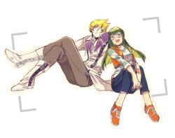  1boy 1girl black_pants blonde_hair blush boots carly_nagisa coat crossed_legs glasses green_hair jack_atlas long_hair nomae.jie open_mouth orange_shoes pants shirt shoes simple_background smile striped_clothes striped_shirt white_background white_boots white_coat yu-gi-oh! yu-gi-oh!_5d's 