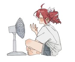  1girl alternate_costume asta3xx closed_eyes commentary drill_hair electric_fan from_side hand_up highres indian_style kasane_teto on_floor open_mouth profile red_hair shirt short_shorts short_sleeves shorts simple_background sitting solo t-shirt twin_drills untranslatable_commentary utau white_background white_shirt 