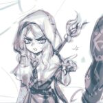  1boy 1girl belt blush capelet grey_background hood hood_up hooded_capelet league_of_legends long_hair lux_(league_of_legends) phantom_ix_row pointing pointing_at_another shirt simple_background sketch skirt solo_focus staff sylas_(league_of_legends) tearing_up v-shaped_eyebrows 