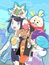  1boy 2girls baseball_cap black_hair black_hat black_jacket black_shoes blue_eyes dot_(pokemon) fanny_pack fuecoco grin hair_over_eyes hat highres jacket liko_(pokemon) multiple_girls on_head open_mouth orange_shirt pokemon pokemon_(anime) pokemon_(creature) pokemon_horizons pokemon_on_head purple_hair quaxly reverse_trap runachikku shirt shoes short_hair smile sprigatito white_shirt 