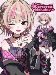  1girl :d ;d bat_necklace belt belt_buckle black_belt black_collar black_jacket black_leg_warmers blunt_bangs blush buckle character_name collar collarbone colored_inner_hair crop_top cross-laced_clothes cross-laced_top debitto_(makaino_ririmu) fangs full_body gogg_ma grey_hair grid_background hair_intakes hair_ornament highres holding holding_stuffed_toy jacket jewelry leg_tattoo leg_warmers looking_at_viewer loose_belt makaino_ririmu makaino_ririmu_(6th_costume) midriff miniskirt missing_headwear multicolored_hair multicolored_hair_bobbles multiple_belts multiple_views navel necklace nijisanji o-ring_collar one_eye_closed open_clothes open_jacket outline pendant pink_hair pink_jacket pink_shoes pink_skirt pink_streaks plaid_clothes plaid_skirt pleated_skirt pointy_ears projected_inset red_eyes shoes short_hair skirt sleeves_past_wrists smile spiked_collar spikes standing star_(symbol) star_hair_ornament streaked_hair stuffed_toy tattoo thigh_strap twitter_username two-sided_fabric two-sided_jacket two-tone_hair two_side_up virtual_youtuber white_background white_outline winged_heart winged_heart_tattoo wolf_cut 