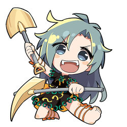  1girl :d arm_ribbon arm_up barefoot black_dress bow chibi chibi_only chinese_commentary commentary dress fangs full_body grey_eyes grey_hair himemushi_momoyo holding holding_pickaxe holding_sword holding_weapon leg_ribbon long_hair looking_at_viewer lowres open_mouth orange_bow orange_ribbon pickaxe renren_(ah_renren) ribbon short_sleeves simple_background smile solo sword touhou v-shaped_eyebrows weapon white_background 