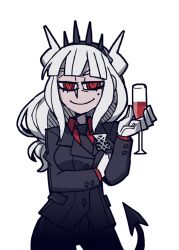  1girl alcohol black_necktie black_suit black_tail breasts collared_shirt cup demon_girl demon_horns demon_tail drinking_glass hair_up helltaker holding holding_cup horns long_sleeves looking_at_viewer lucifer_(helltaker) medium_breasts mole mole_under_eye necktie non-web_source official_art red_eyes red_shirt red_wine ringed_eyes shirt smile solo suit tail transparent_background vanripper white_hair white_horns wine wine_glass 