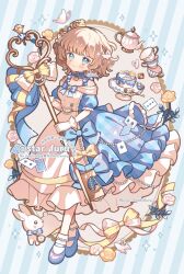  1girl blonde_hair blue_bow blue_dress blue_eyes blue_shoes blush bow bug butterfly cake card checkerboard_cookie closed_mouth commentary commission cookie crescent_choker cup dress dress_bow flower food fork frilled_dress frills full_body gloves gown holding holding_scepter hoshifuru_akiyo mary_janes medium_hair original plaid_clothes plaid_dress playing_card pocket_watch princess puffy_short_sleeves puffy_sleeves rose scepter shoes short_sleeves skeb_commission smile socks solo sparkle teacup teapot twitter_username two-tone_dress watch watermark white_dress white_flower white_gloves white_rabbit_(animal) white_rose white_socks yellow_bow yellow_flower yellow_rose 