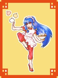  1girl apron bowl chinese_clothes commentary_request dumpling floral_print food holding holding_bowl long_hair maid_apron maid_headdress open_mouth outline pants purple_hair ranma_1/2 red_eyes red_pants red_shirt shampoo_(ranma_1/2) shirt sidelocks simple_background standing standing_on_one_leg tsumori white_apron white_outline yellow_background 