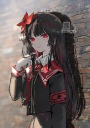  1girl armband artist_name black_hair black_shirt brick_wall closed_mouth collared_shirt commentary_request crown flower gloves hair_flower hair_ornament highres inamori_ryusa long_hair long_sleeves mahou_shoujo_no_majo_saiban mini_crown necktie nikaido_hiro red_armband red_eyes red_flower red_necktie shirt signature solo upper_body white_gloves white_shirt 