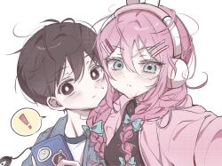  ! 1boy 1girl aubrey_(birthday)_(omori) aubrey_(faraway)_(omori) aubrey_(omori) black_eyes black_hair blue_bow blue_eyes blue_jacket blush bow braid bright_pupils cardigan character_charm character_sticker charm_(object) closed_mouth collared_jacket commentary denim denim_jacket double-parted_bangs english_commentary hair_between_eyes hair_bow hair_ornament hairclip hector_(omori) highres jacket long_hair long_sleeves looking_at_viewer low_twin_braids official_alternate_costume official_alternate_hairstyle omori open_clothes open_jacket parallel_hairclips pink_cardigan pink_hair shirt short_hair sidelocks simple_background something_(omori) speech_bubble spoken_exclamation_mark sticker sunny_(birthday)_(omori) sunny_(omori) sweatdrop twin_braids white_background white_pupils white_shirt wktdms1 