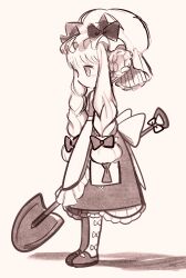  1girl apron babybweep black_bow bow braid commentary_request english_commentary frilled_skirt frills hair_ornament highres holding holding_shovel long_hair magical_girl mahou_shoujo_ikusei_keikaku mahou_shoujo_ikusei_keikaku_restart maid mixed-language_commentary monochrome nokko-chan pantyhose shoes shovel skirt twin_braids white_apron white_pantyhose 
