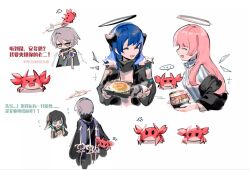  1boy 1other 3girls andoain_(arknights) anger_vein animalization annoyed arknights bento black_hair black_halo black_horns black_jacket blue_hair chibi closed_eyes commentary crab detached_wings energy_wings fiammetta_(arknights) halo happy highres holding holding_bento horns hospital_gown jacket jacket_partially_removed lemuen_(arknights) long_hair mostima_(arknights) multiple_girls open_clothes open_jacket patia_(arknights) pink_hair purple_hair shirt short_hair untranslatable_commentary white_shirt wings yoyoseafish 
