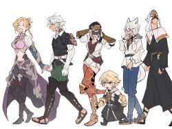  3boys 3girls animal_ears black_boots black_robe blonde_hair blue_pants boots braid breasts cat_ears cat_girl cat_tail crop_top elezen elf eye_mask final_fantasy final_fantasy_xiv full_body garbage_paper grey_hair grin highres hood hood_up hyur lalafell large_breasts laughing long_hair mask medium_breasts midriff minfilia_warde miqo'te monocle multiple_boys multiple_girls open_mouth pants papalymo_totolymo pointy_ears robe short_hair smile tail teeth thancred_waters thigh_boots updo urianger_augurelt walking white_background y'shtola_rhul yda_hext 