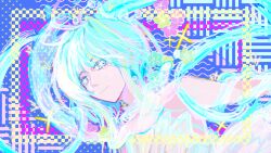  1girl bare_shoulders blue_background blue_eyes blue_hair bright_pupils checkered_background chinese_commentary closed_mouth commentary_request dress eyes_visible_through_hair hair_between_eyes happy hexagram infinity_nikki liquid_clothes liquid_hair long_hair nikki_(series) outside_border pointy_nose rippling_reverie_(infinity_nikki) smile solo star-shaped_pupils star_(symbol) strapless strapless_dress sunny_sneeze symbol-shaped_pupils upper_body very_long_hair white_dress white_pupils 