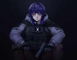  1girl black_background blue_hair call_of_duty call_of_duty:_black_ops coat commentary commission dark english_commentary franzailian5 gloves grey_coat grey_eyes grey_gloves gun handgun highres holding holding_gun holding_knife holding_weapon hood hood_down hooded_coat knife load-bearing_vest long_sleeves magazine_(weapon) mole mole_under_eye original pose_imitation scar scar_on_face scar_on_lip scar_on_nose sidelocks sitting skull_print solo swept_bangs weapon weapon_request xaxa_(xaxavr) 