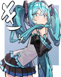  1girl aqua_eyes aqua_hair black_skirt blush border commentary_request cowboy_shot detached_sleeves grey_shirt hatsune_miku holding_own_hair kyu_(kemon_19) leaning_forward long_hair looking_at_viewer miniskirt pleated_skirt shirt skirt solo sound_effects very_long_hair vocaloid white_border 