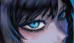  1girl ado_(utaite) black_hair blue_background blue_eyes blue_streaks chando_(ado) close-up commentary eye_focus eyelashes harry_wang0222 heterochromia highres mole mole_under_eye multicolored_hair ringed_eyes solo streaked_hair untranslatable_commentary utaite 