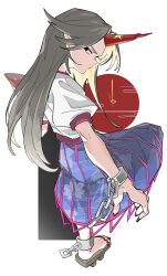  1girl blonde_hair blue_skirt chain commentary_request cuffs cup geta highres horns hoshiguma_yuugi leaf_print long_hair looking_at_viewer maple_leaf_print o_(crazyoton46) oni pointy_ears print_skirt puffy_short_sleeves puffy_sleeves red_eyes red_horns sakazuki shackles shirt short_sleeves single_horn skirt solo toes touhou very_long_hair white_shirt 