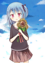  1girl amakaze_sora black_bow black_shirt blue_hair blue_sky blush bow brown_skirt clouds collarbone comiket_84 commentary_request cowboy_shot day flower hair_between_eyes hair_bow hair_ornament hairclip holding holding_flower one_side_up open_mouth original pink_eyes pleated_skirt shirt short_sleeves skirt sky solo sunflower yellow_flower 