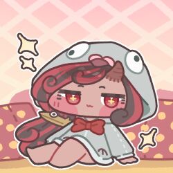  1girl :3 barefoot black_hair blush_stickers bow bowtie brown_horns chibi chibi_only closed_mouth commentary_request dark-skinned_female dark_skin full_body gradient_background grey_hoodie hood hood_up hoodie horns jitome korean_commentary long_hair long_sleeves looking_at_viewer monyami multicolored_hair outline pink_background red_bow red_bowtie red_eyes red_hair rollett_(trickcal) single_horn sitting solo sparkle trickcal two-tone_hair white_outline yellow_background 